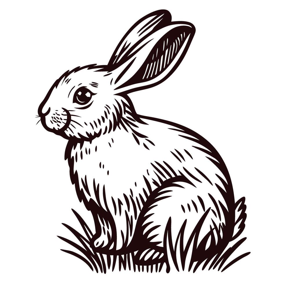 of a rabbit sitting on grass in a detailed black and white sketch vector