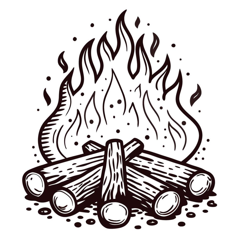 Rustic campfire with flaming logs against a white background vector