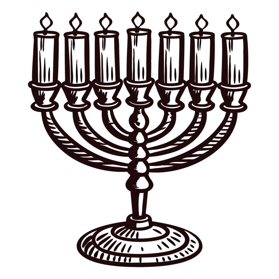 Traditional seven branched menorah in black and white drawing vector