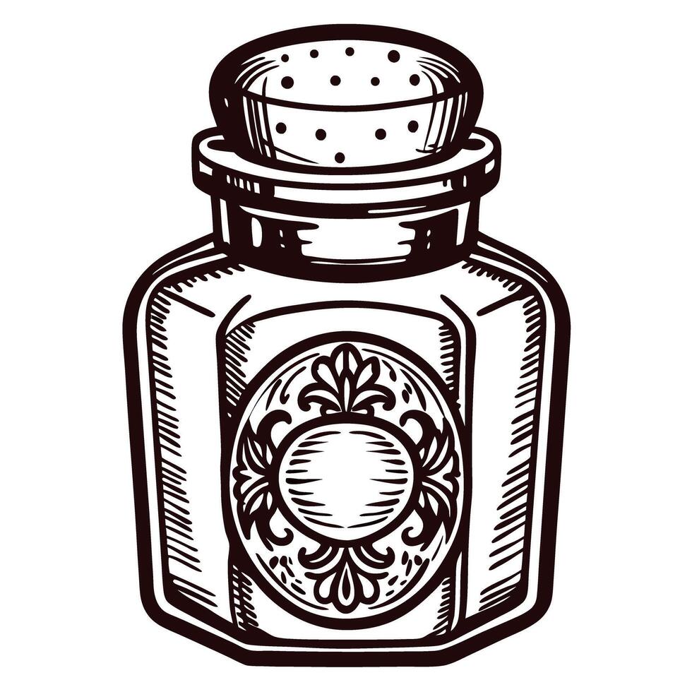 Vintage ink jar with ornate design and perforated lid in black and white vector