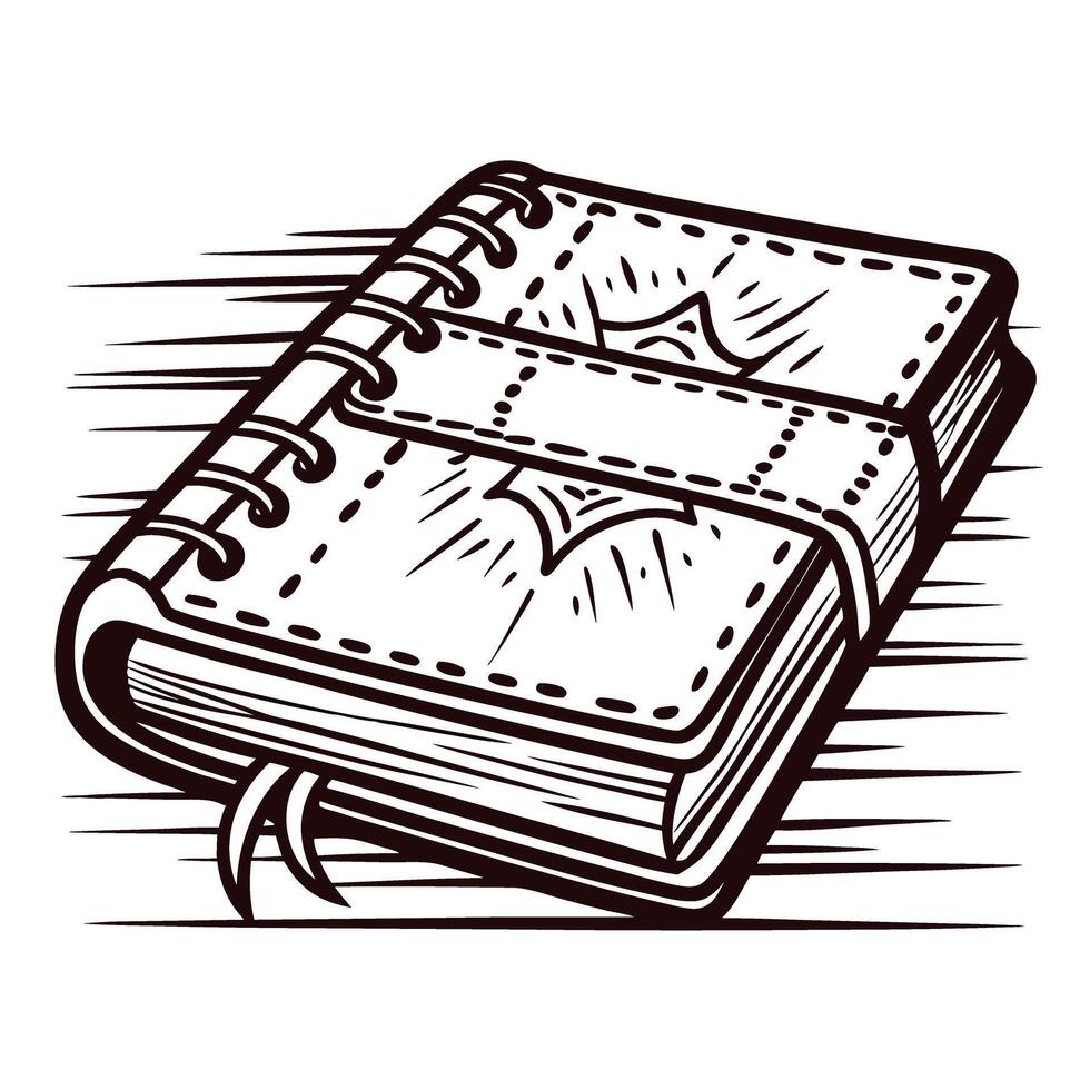 Sketch of a closed spiral notebook with leather strap in dynamic movement vector