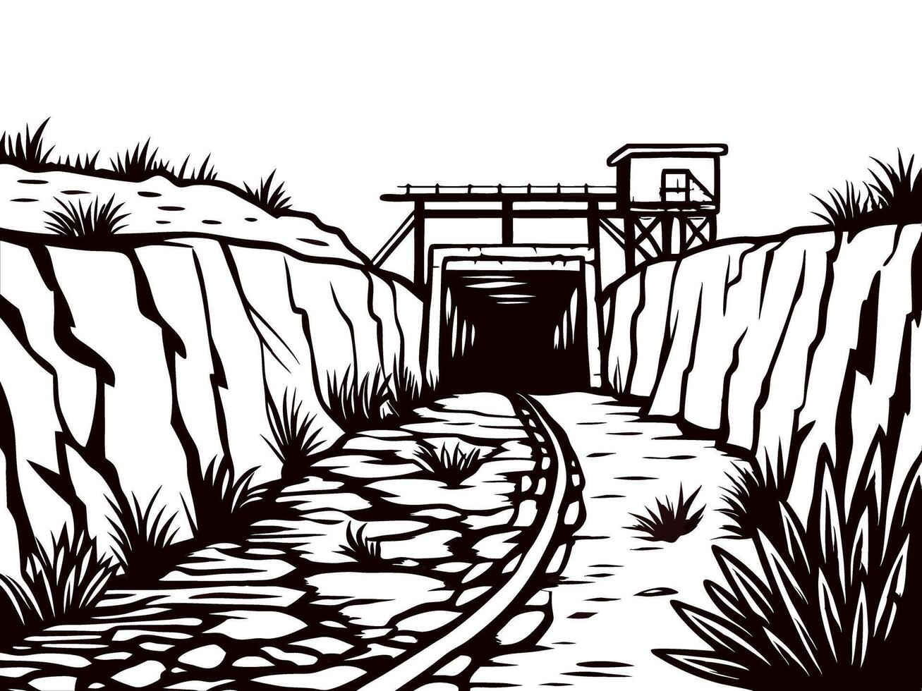 Abandoned railway tunnel cutting through rocky terrain with overgrown vegetation vector