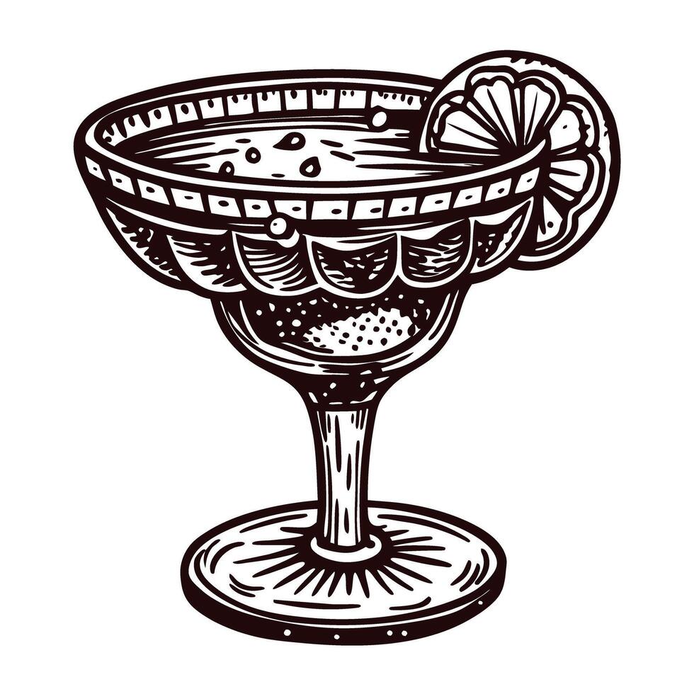 Retro margarita glass with citrus garnish, classic cocktail art in black and white line drawing vector