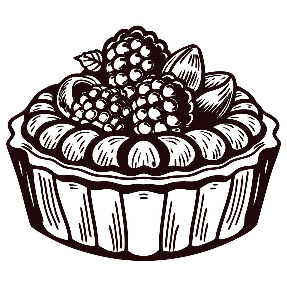 Delicious fruit tart with raspberries and almonds in detailed black and white vector