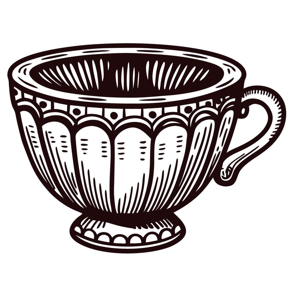 Vintage engraved tea cup with ornate handle reflecting classic design vector