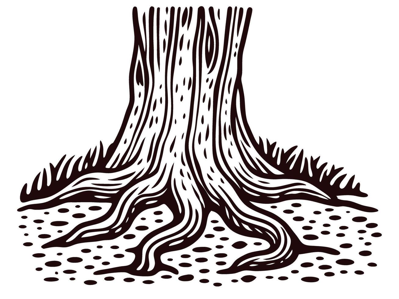 Intricate tree trunk with rustic roots and textured bark pattern on a white background vector