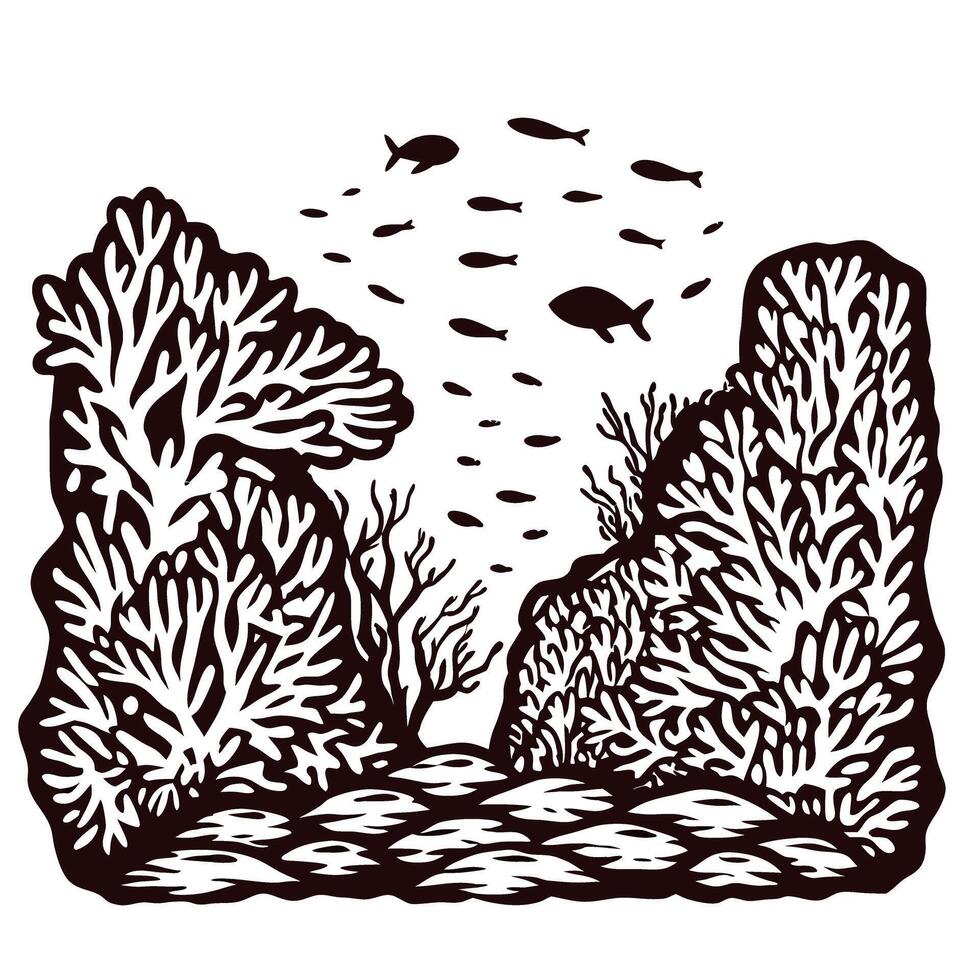 Underwater marine scene with fish swimming among coral reefs vector