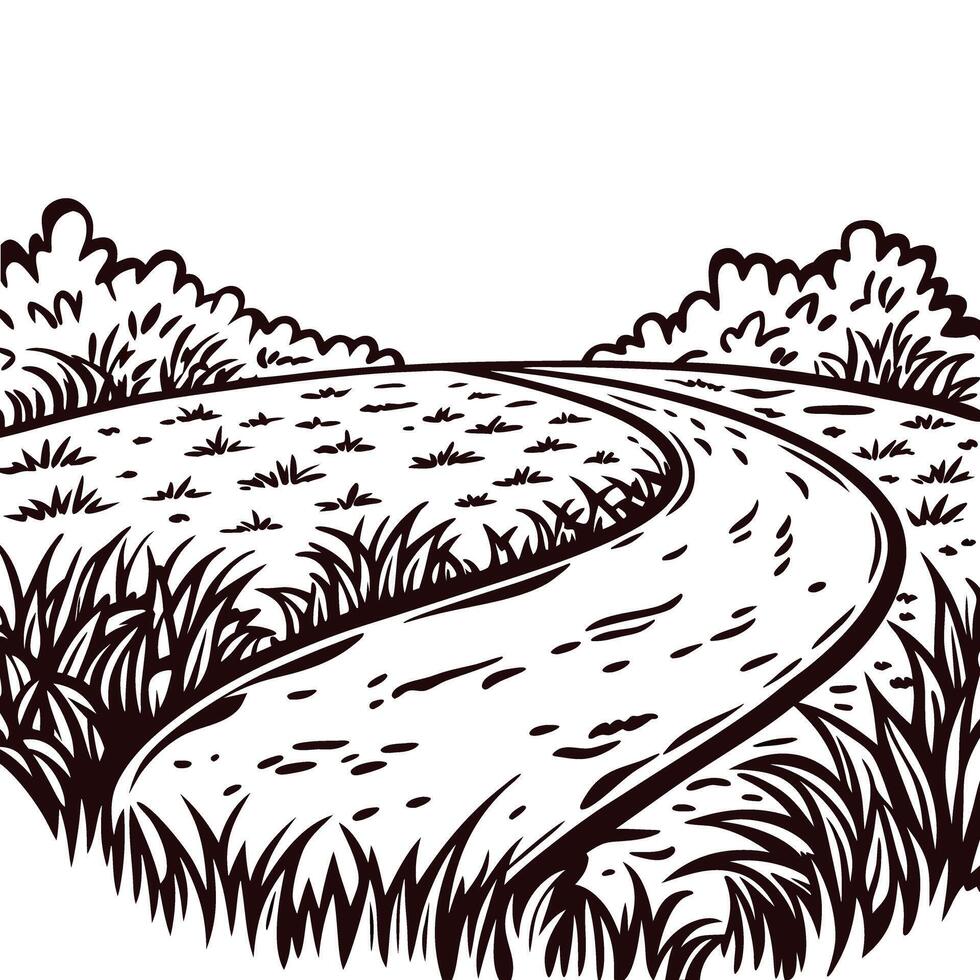 Scenic country path winding through lush greenery with clear skies and dense bushes vector
