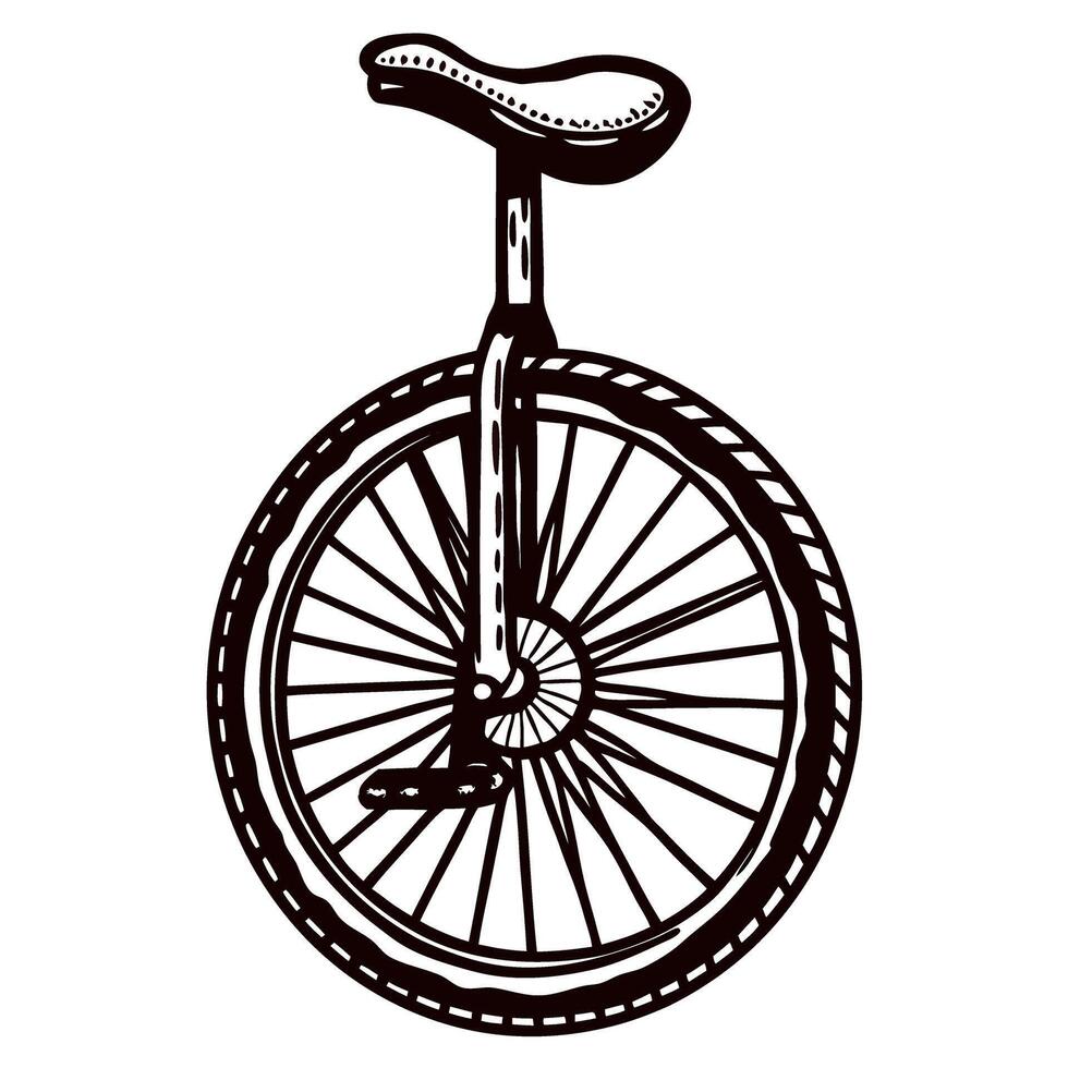 Black and white of a classic unicycle with detailed spokes and saddle design vector