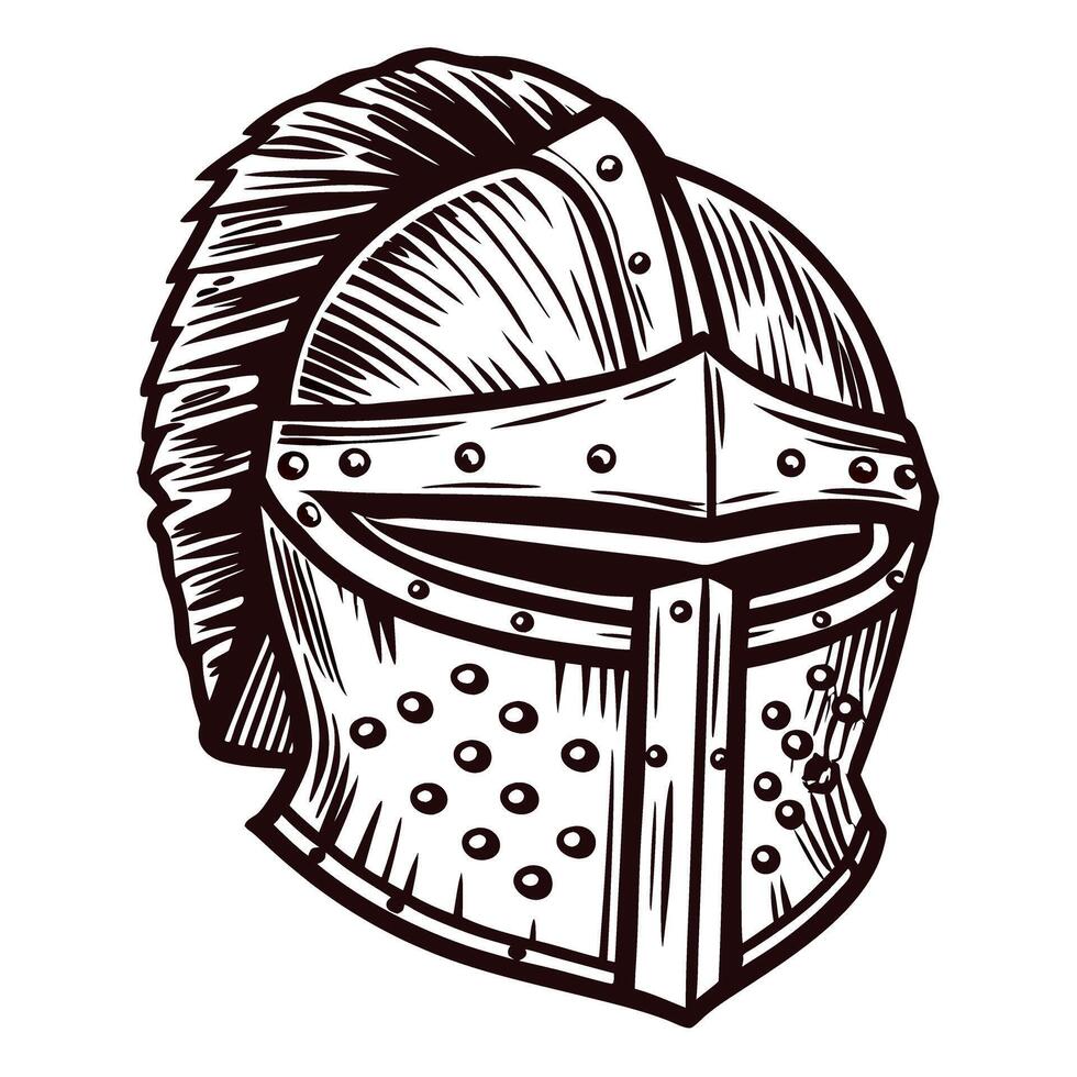 Antique medieval knight helmet with detailed crest and rivets in black and white drawing vector