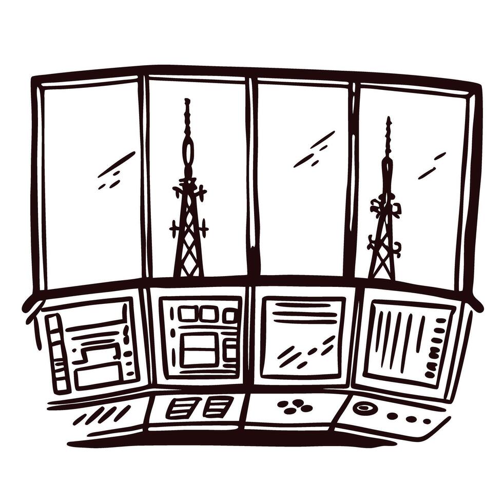 Radio tower control room with multiple screens and antennas vector