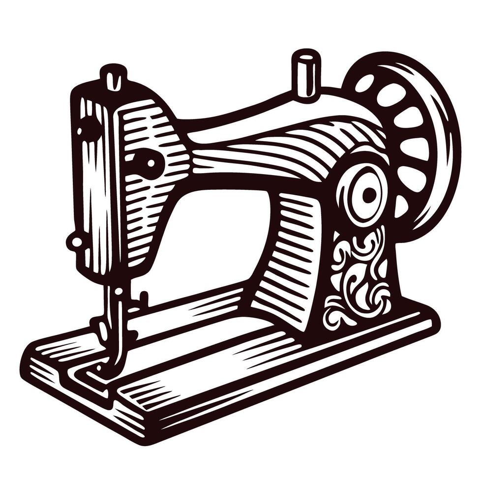 Vintage sewing machine engraving with intricate floral design vector