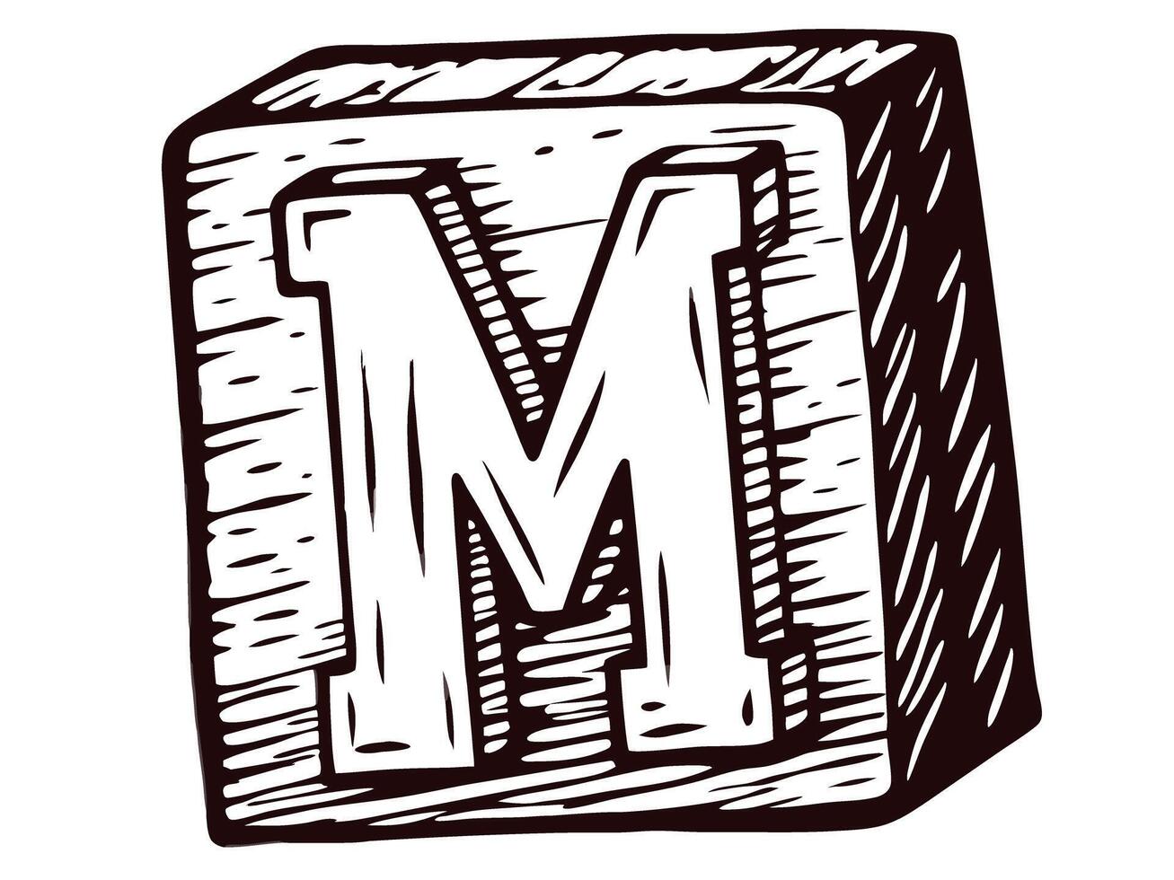 Wooden block with letter m in vintage design, isolated on white background vector