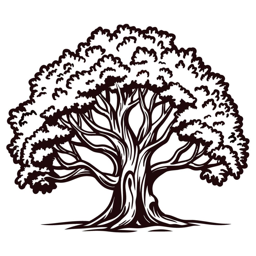 Large leafy tree with intricate branches in black and white vector