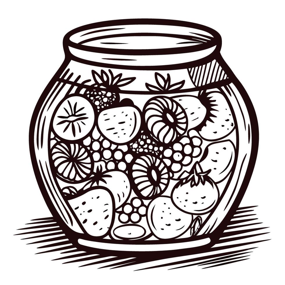 Detailed line art of a fruit filled jar with various fresh berries and citrus slices vector