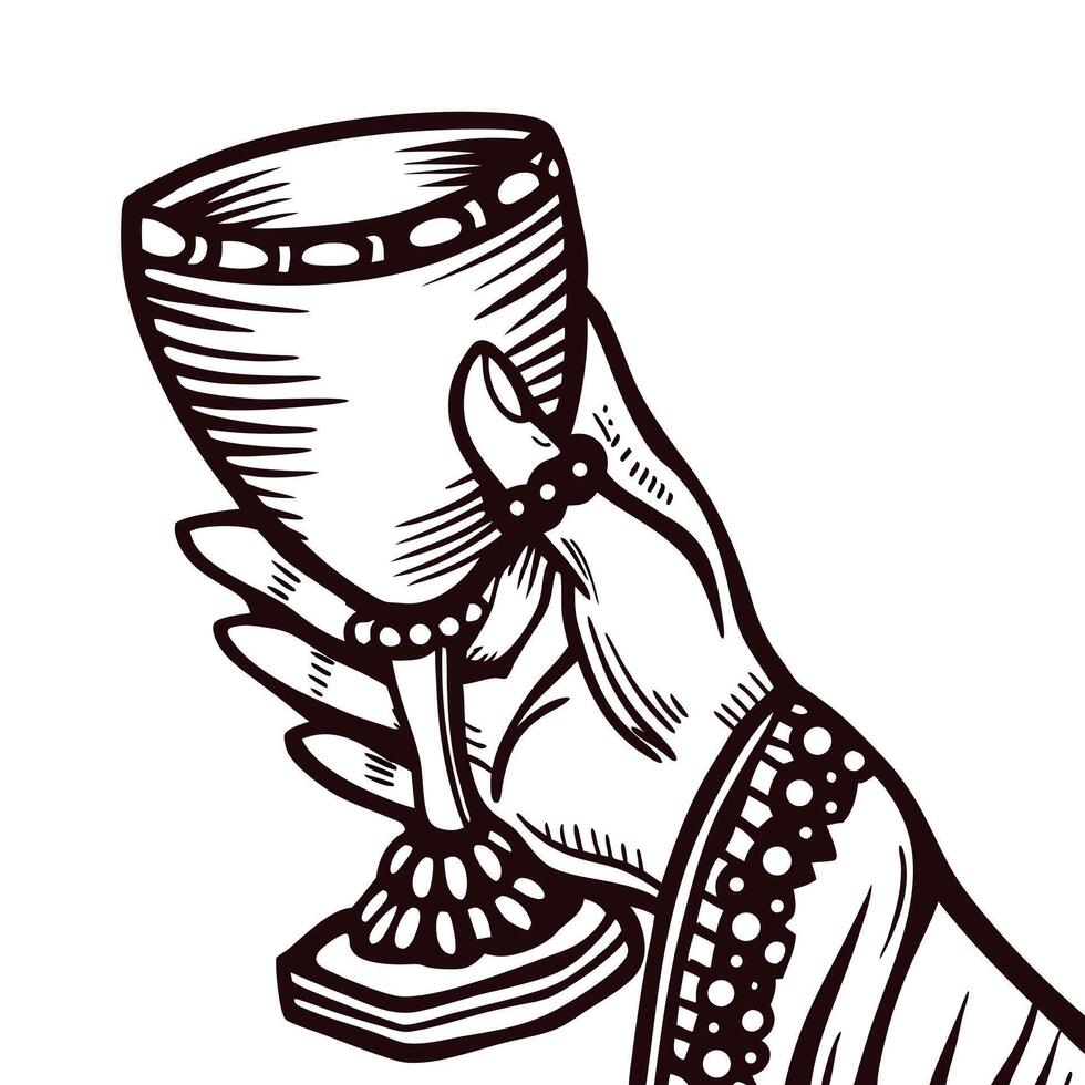 Hand holding ornate chalice with intricate pattern vector