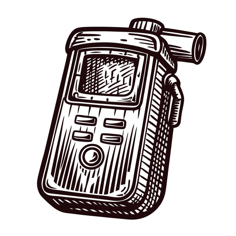 Vintage handheld breathalyzer analyzer with digital display in detailed engraving vector