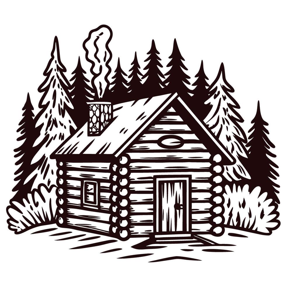 Cozy log cabin in pine forest setting with smoke from chimney vector