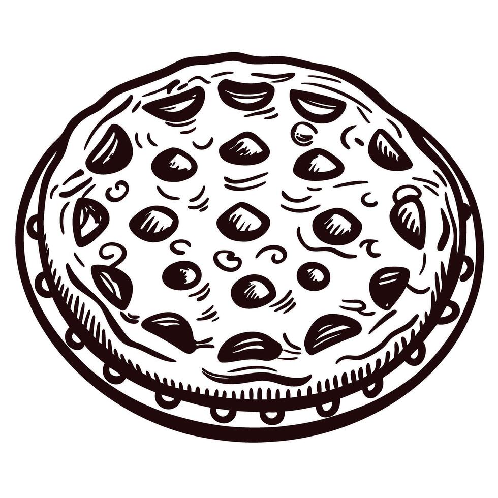 Hand drawn pizza sketch with pepperoni toppings and decorative design vector