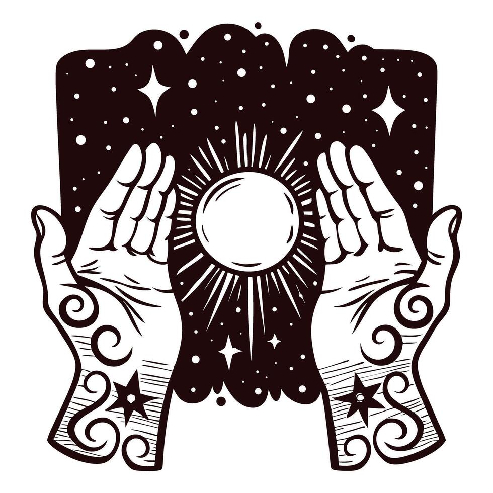 Celestial design stylized hands holding a radiant sun amid starry night vector
