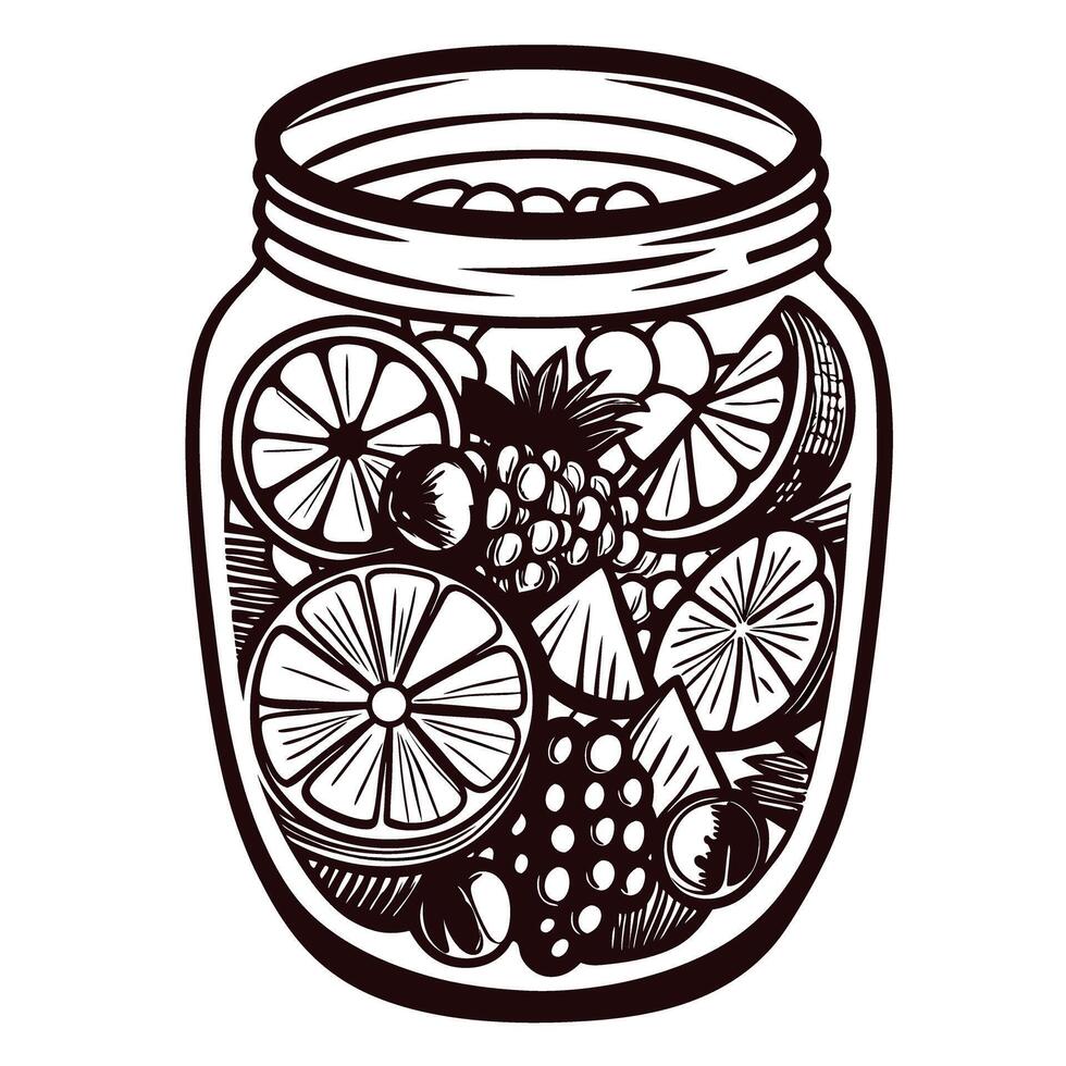 Fruit infused jar featuring assorted citrus, berries, and pineapple in detailed black and white vector