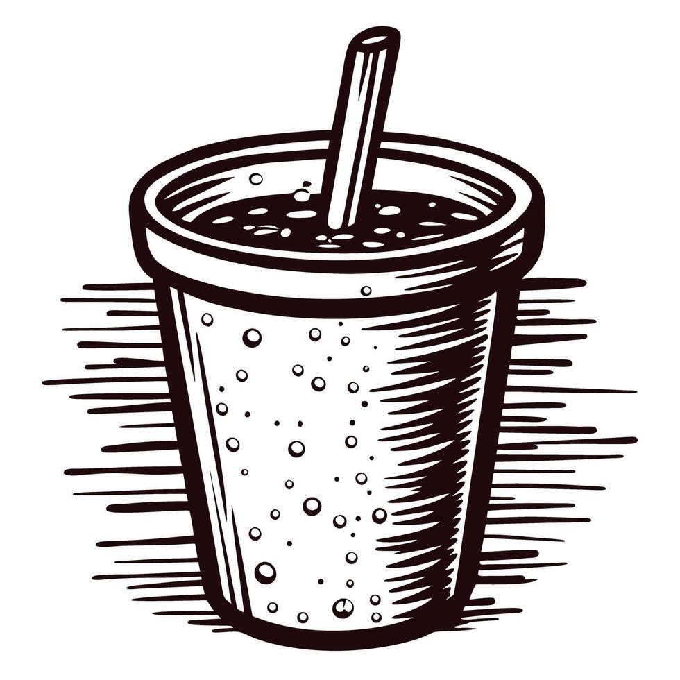 Sketch of a refreshing soda cup with straw and bubbles in a detailed vector