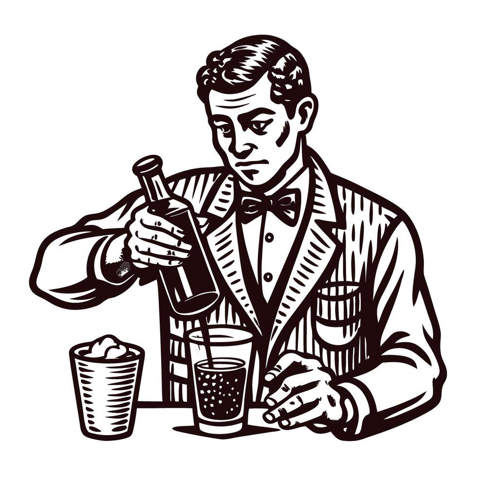 Mature caucasian man in vintage attire mixing a cocktail with precision and elegance in a classic setting vector
