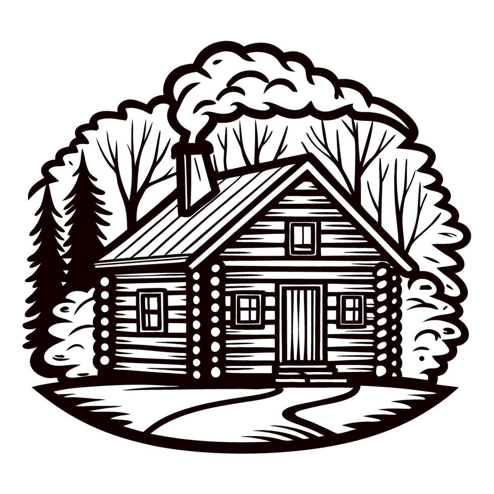 Rustic log cabin in forest with smoke curling from chimney surrounded by trees vector