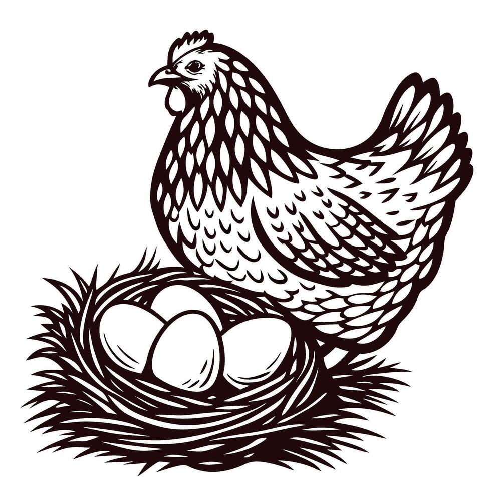 Hen with nest of eggs in detailed black and white vector