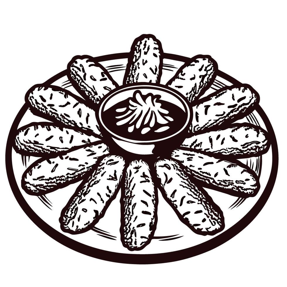 Appetizing platter of breadsticks surrounding savory dip in artistic presentation vector