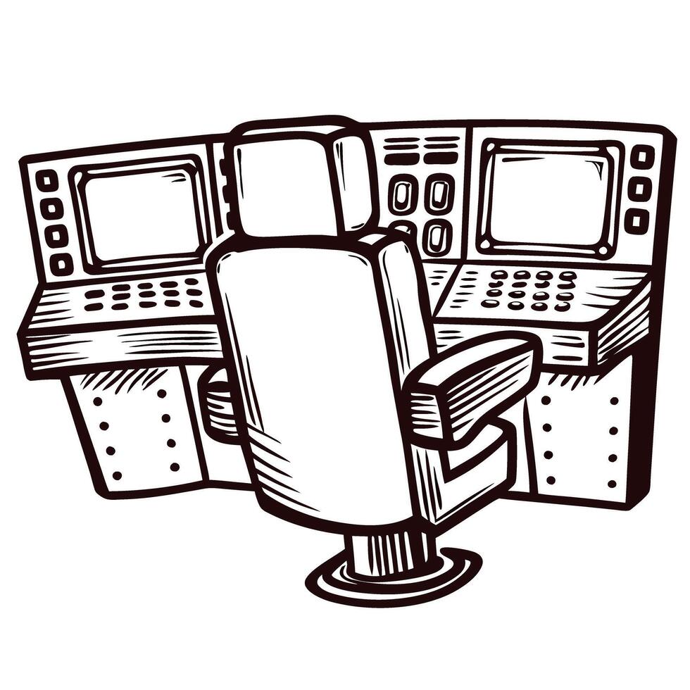 Empty control room console with chair and monitors in a technical environment vector