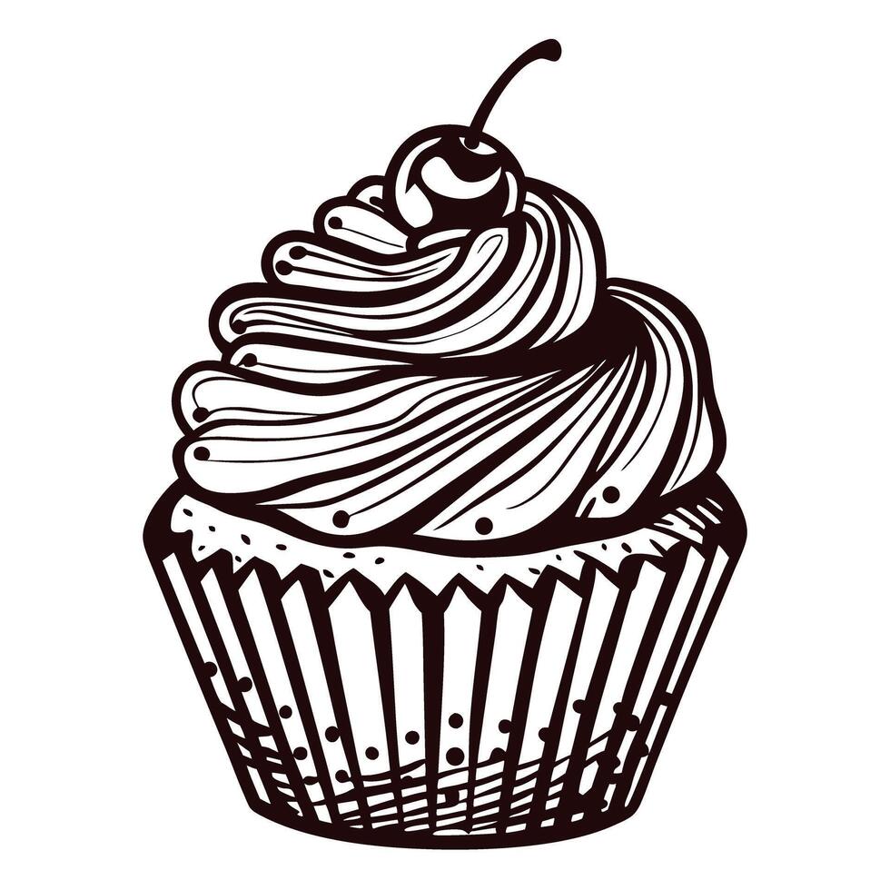 of a detailed cupcake with cherry on top in black and white line art vector