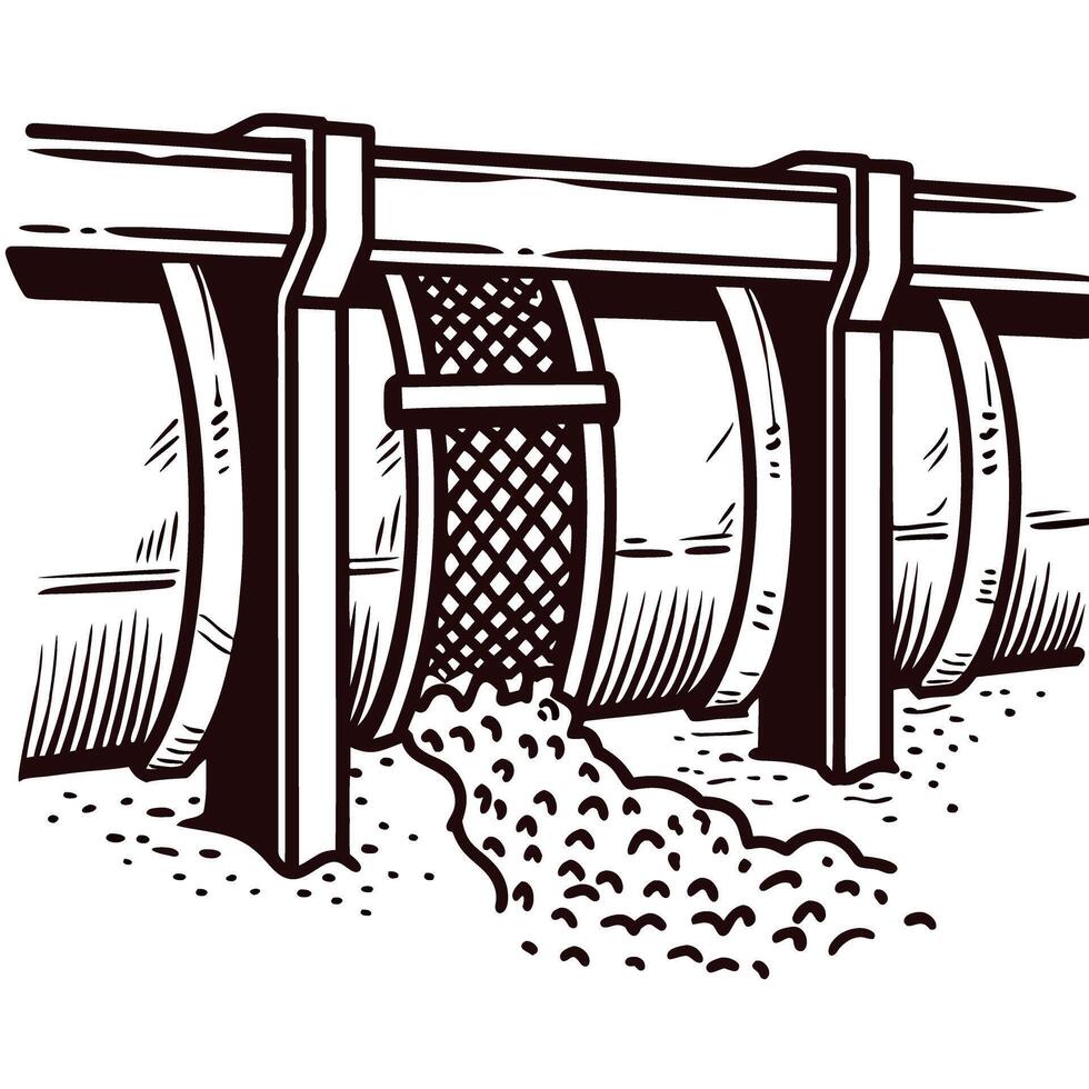 Industrial pipe filtering process with grated mechanism in monochrome vector