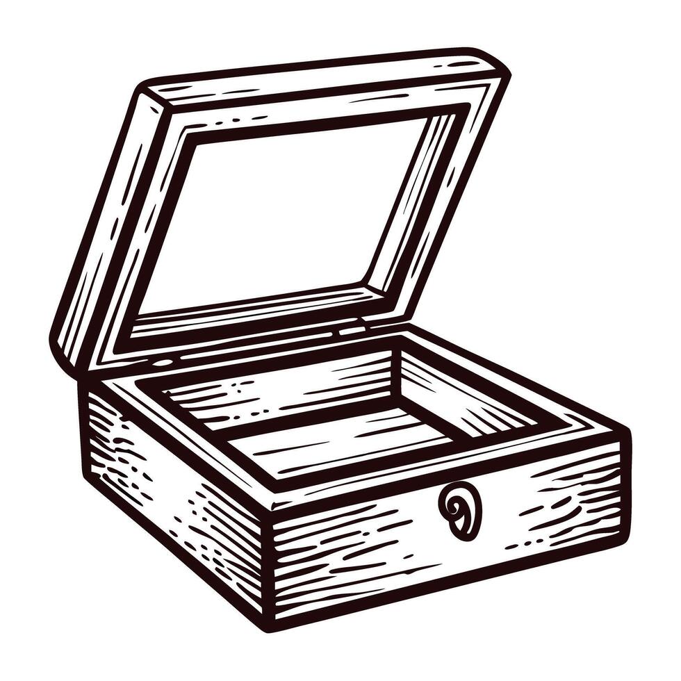 Open wooden jewelry box with decorative carving, hinged lid and latch in simple line art vector