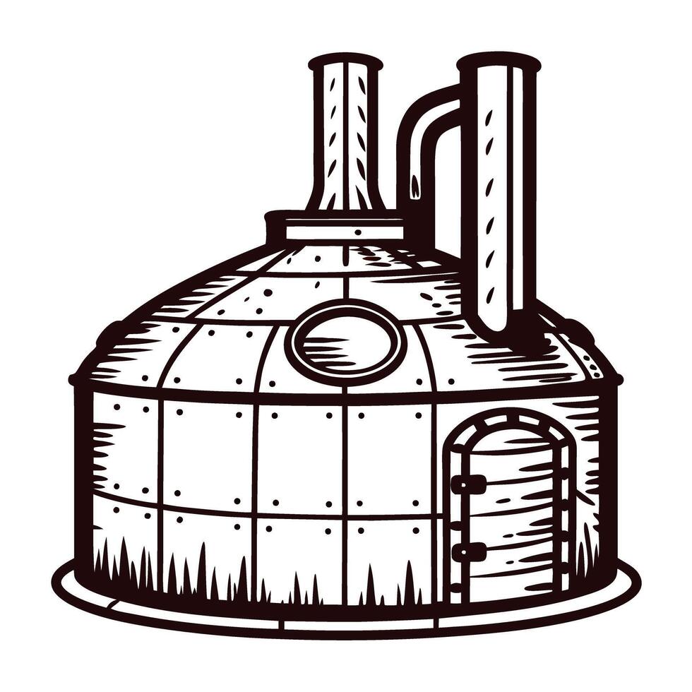 Vintage brewery equipment of a traditional metal fermentation tank with pipes and door vector