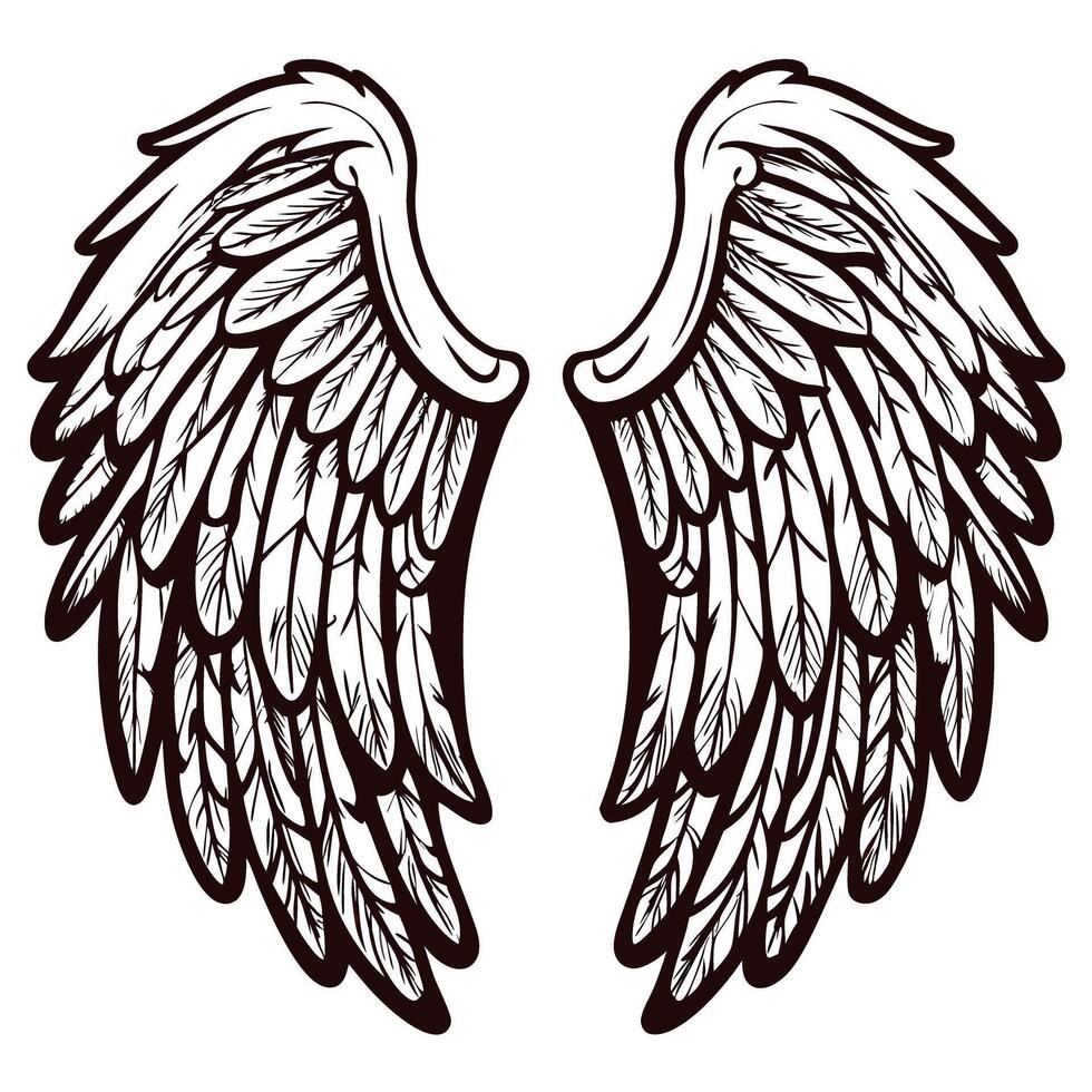 Intricate black and white feathered wings design with a symmetrical layout vector