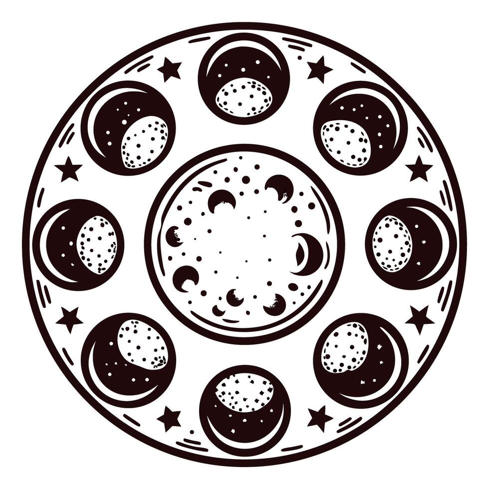 Lunar phases circular design with stars and moons in black and white vector