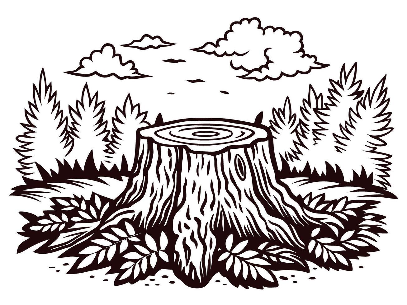 Nature scene with tree stump and forest landscape in black and white vector