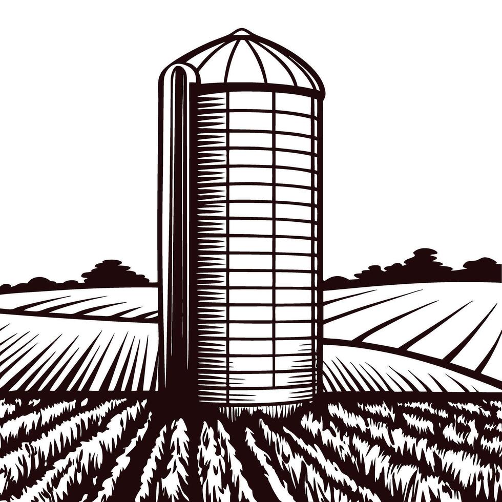 Rural landscape with grain silo and farmland in black and white vector