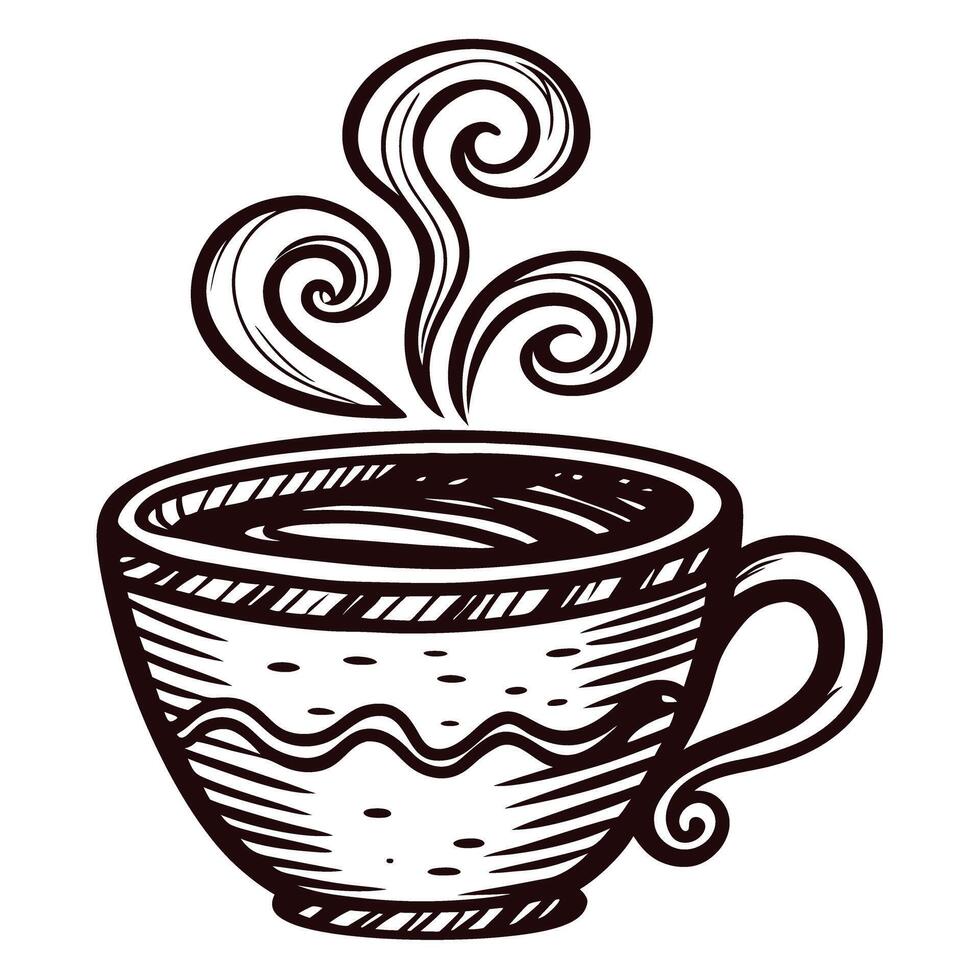 of a hot beverage in a decorative cup with steam swirls vector