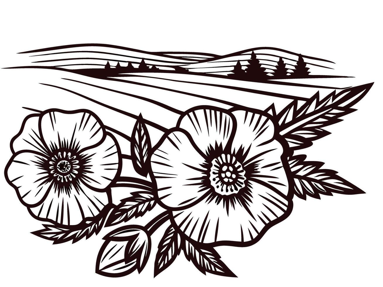 of poppies in a rolling countryside landscape with trees and fields vector