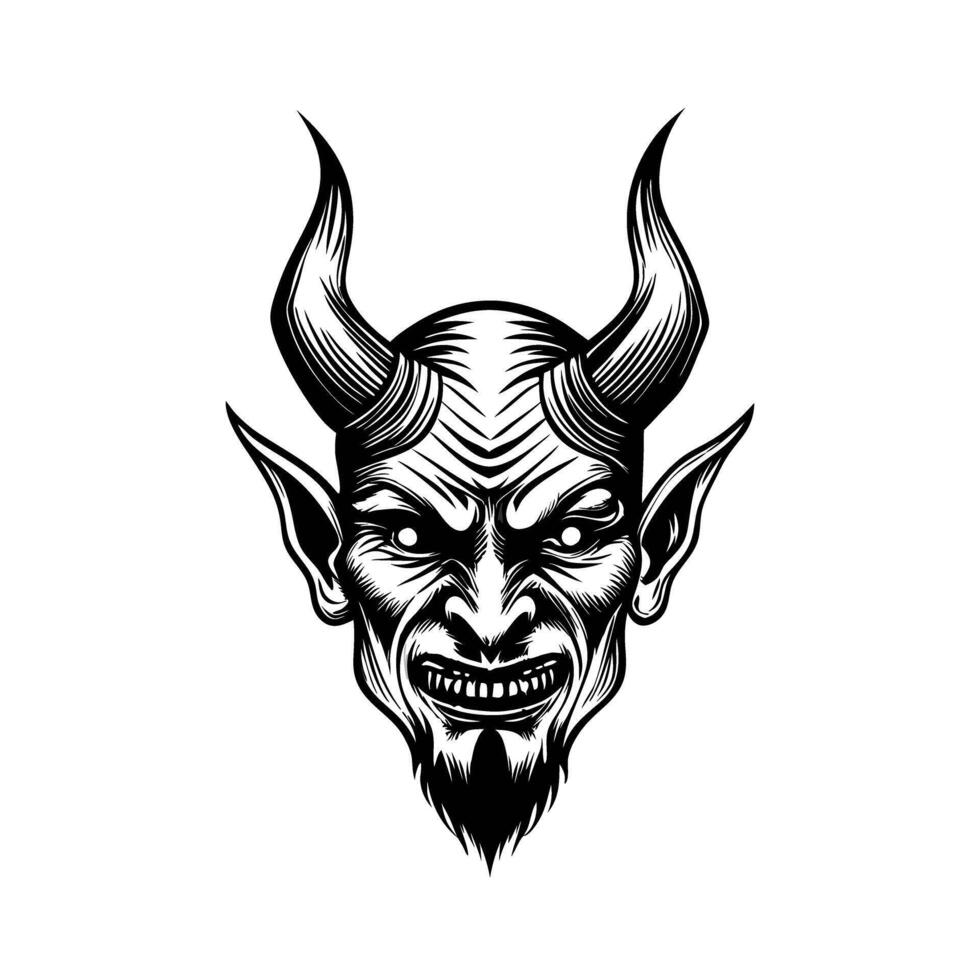 Detailed monochrome drawing of a mythical horned creature with fierce expression vector