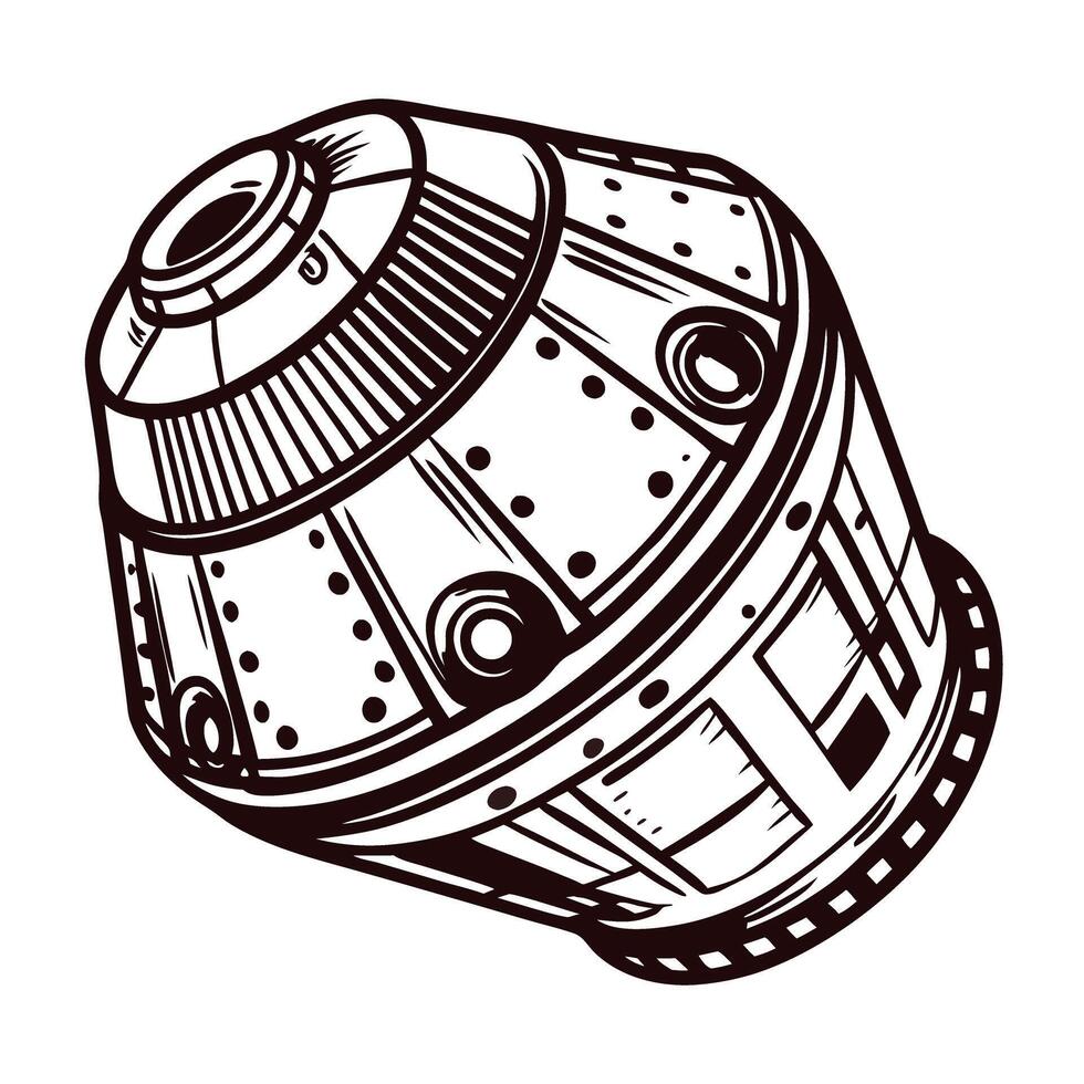Retro space capsule design with detailed line art in black and white vector