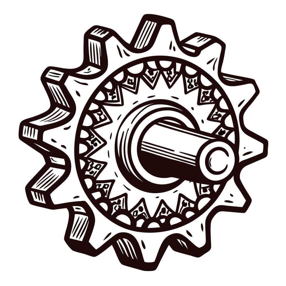 Intricate gear with mechanical detailing and artistic patterns in black and white vector