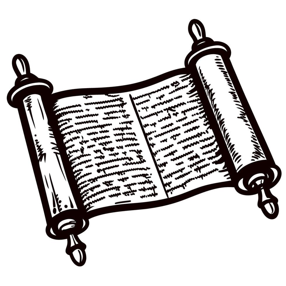 Ancient scroll with detailed script and wooden handles showcasing historical document art vector