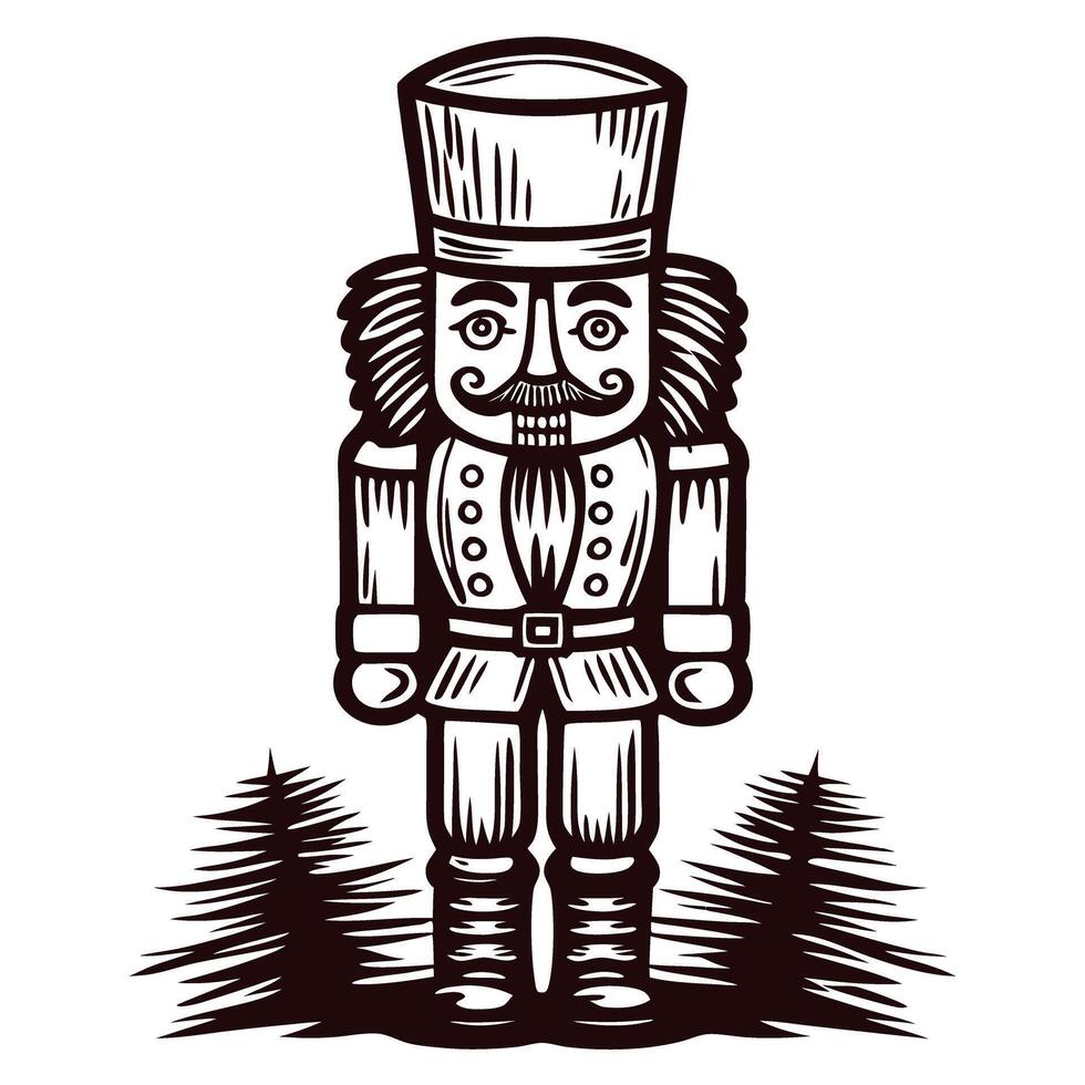 Traditional wooden nutcracker toy standing among pine trees in a vintage vector