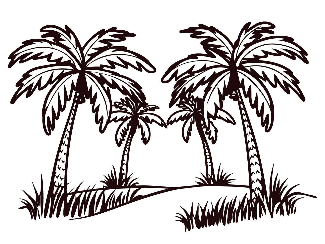 Scenic tropical landscape with palm trees and lush vegetation in monochrome vector