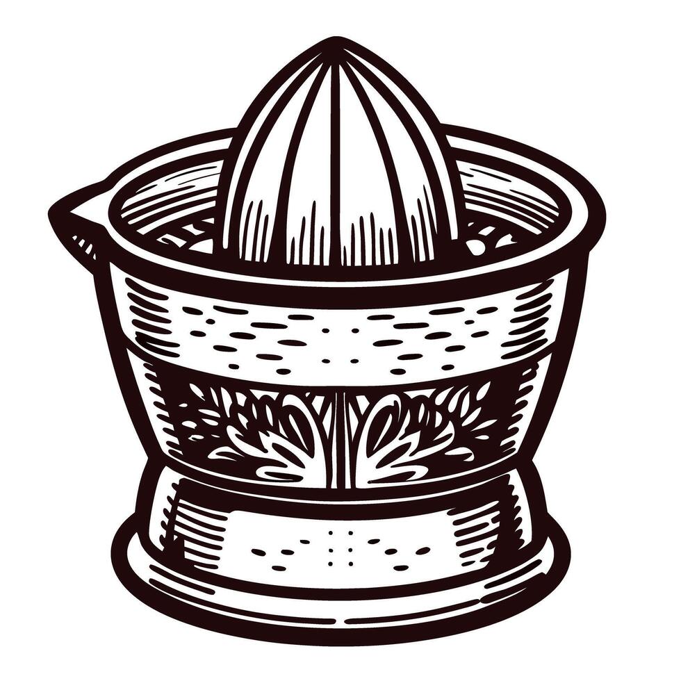 Vintage citrus juicer with ornate detailing in black and white engraving vector