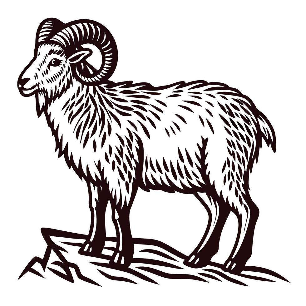 of a mountain goat standing on rocky terrain in bold black and white design vector