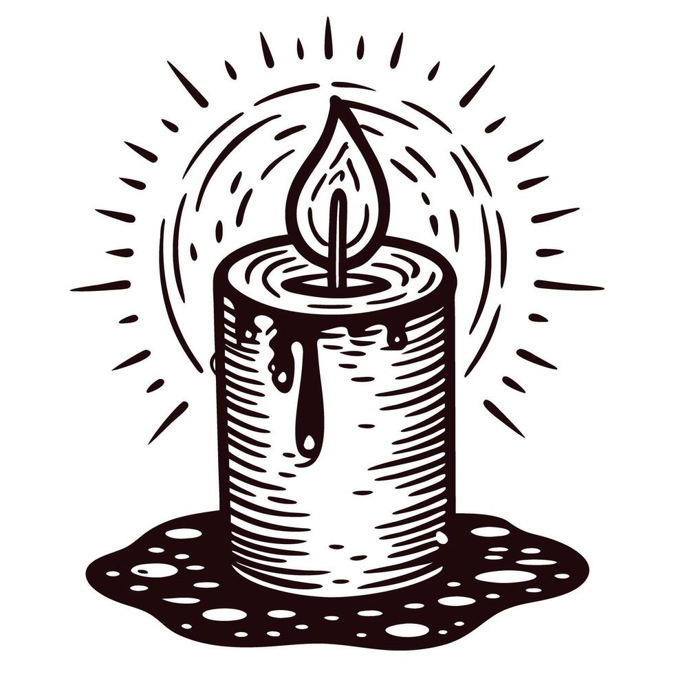Rustic candle with dripping wax and illuminated flame detailing vector